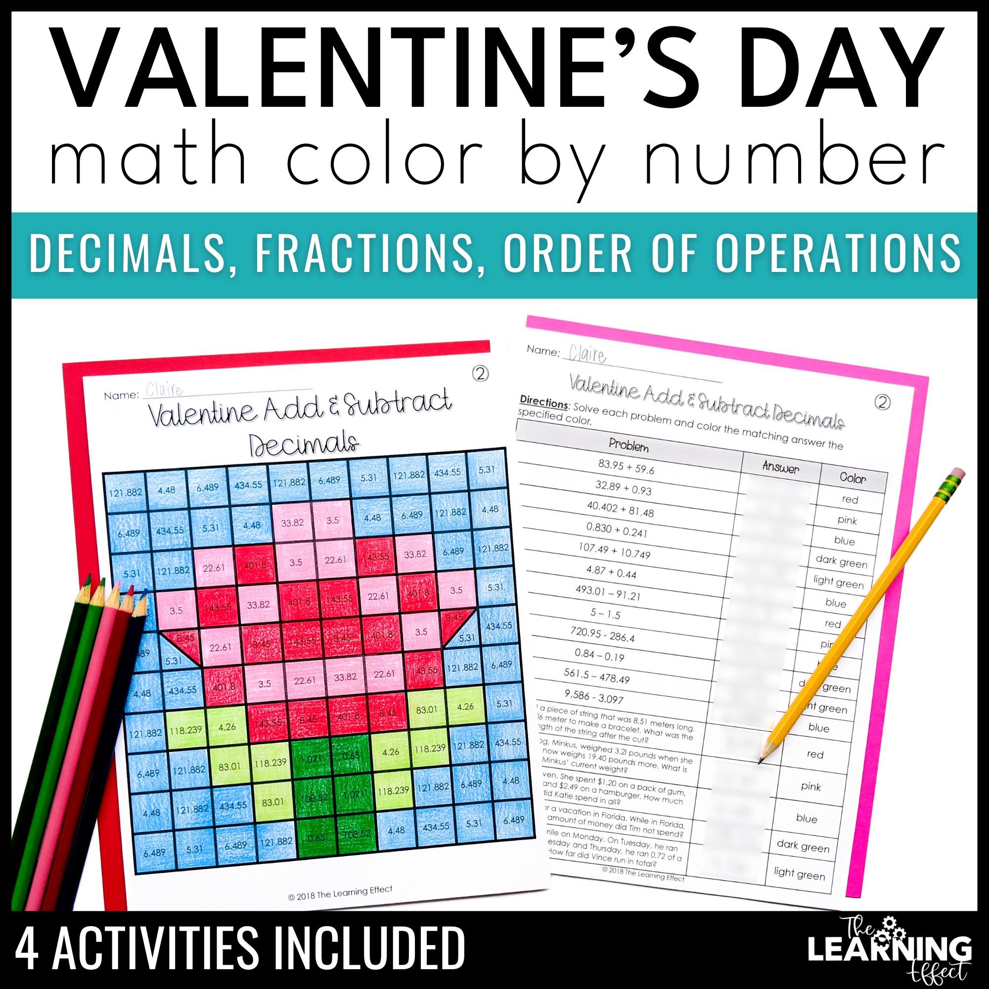 Valentine's Day Math Color by Number Worksheets for 5th and 6th Grade ...