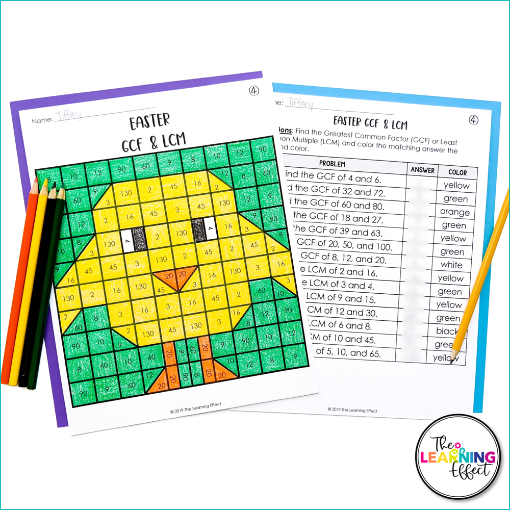 Easter Math Activities Mystery Picture Worksheets | Expressions, GCF, LCM
