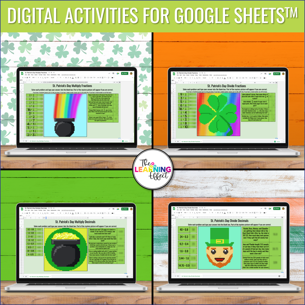 St. Patrick's Day Math Activities Color by Number and Pixel Art BUNDLE