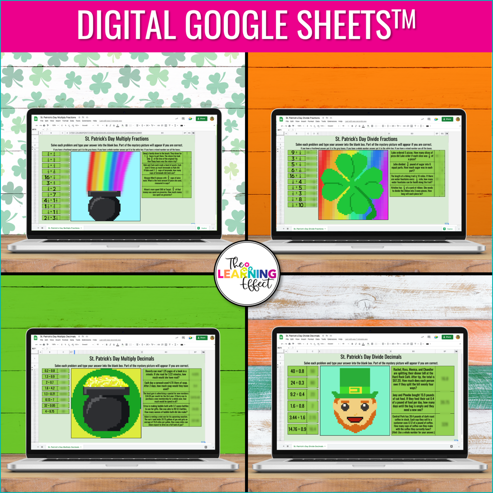 St. Patrick's Day Math Activities Digital Pixel Art | Fractions, Decimals