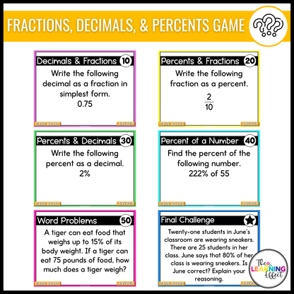6th Grade Math Fraction, Decimal, and Percent Game Shows BUNDLE | Test Prep Review Activities