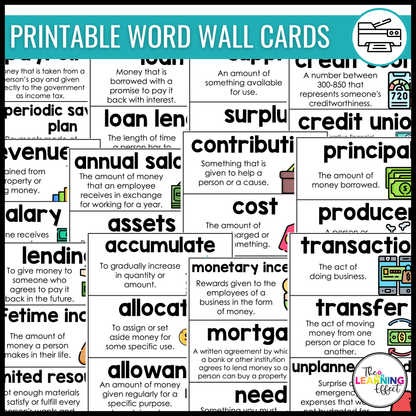 Financial Literacy Vocabulary Word Wall | Printable Cards & Digital Google Slides
