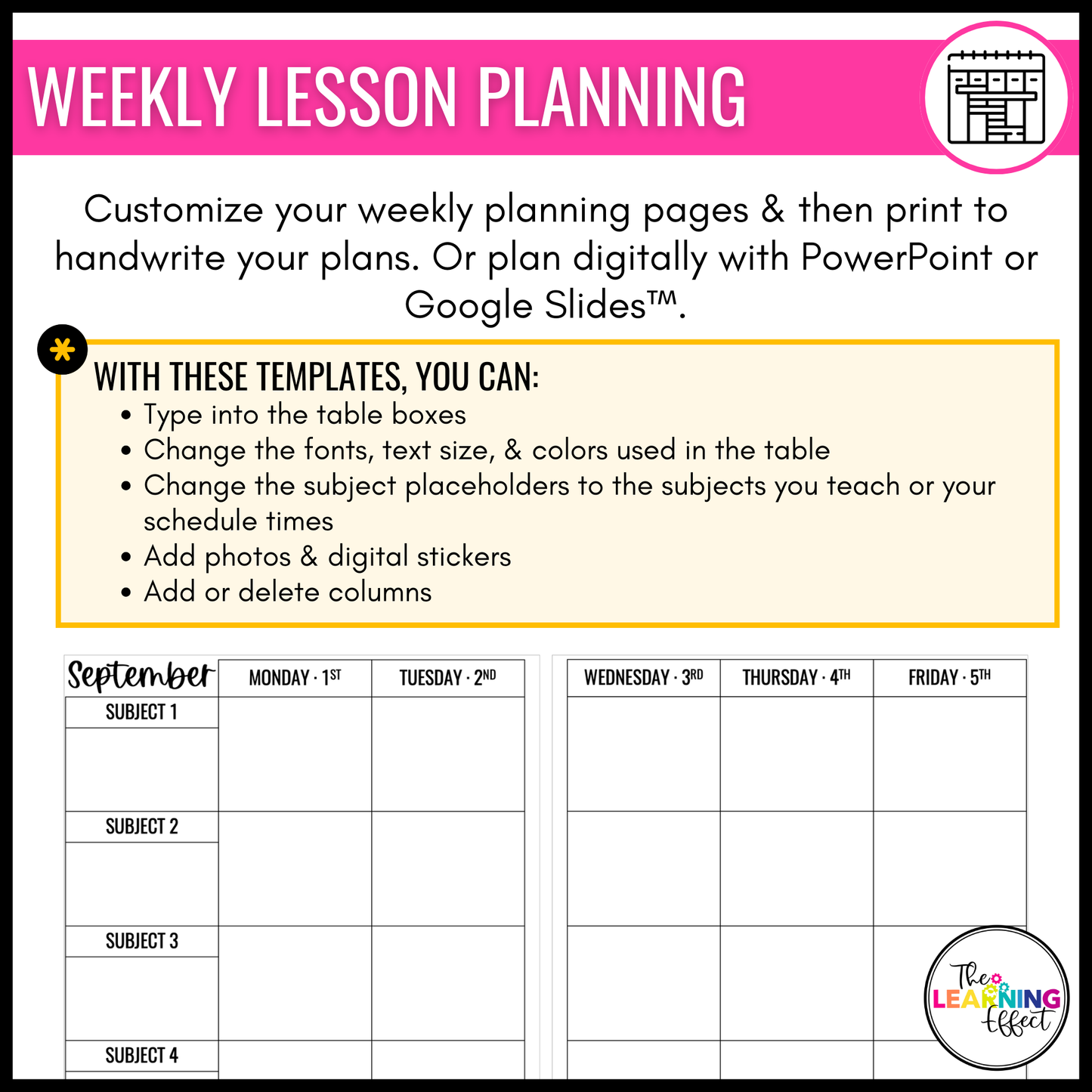 Editable Weekly Lesson Plan Templates 2026 | Teacher Planner | Black and White