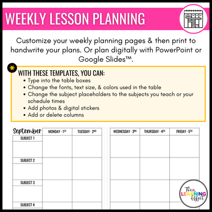 Editable Weekly Lesson Plan Templates 2026 | Teacher Planner | Black and White