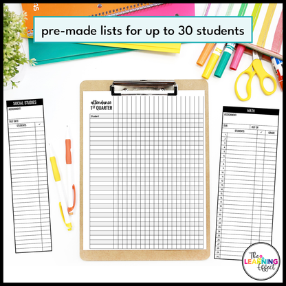 Editable Class Lists | Attendance Sheets | Gradebook | Checklist Templates