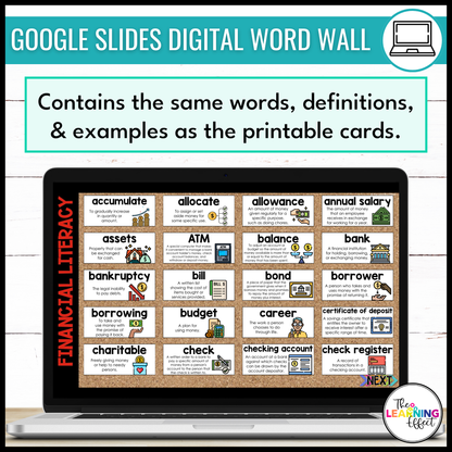 Financial Literacy Vocabulary Word Wall | Printable Cards & Digital Google Slides