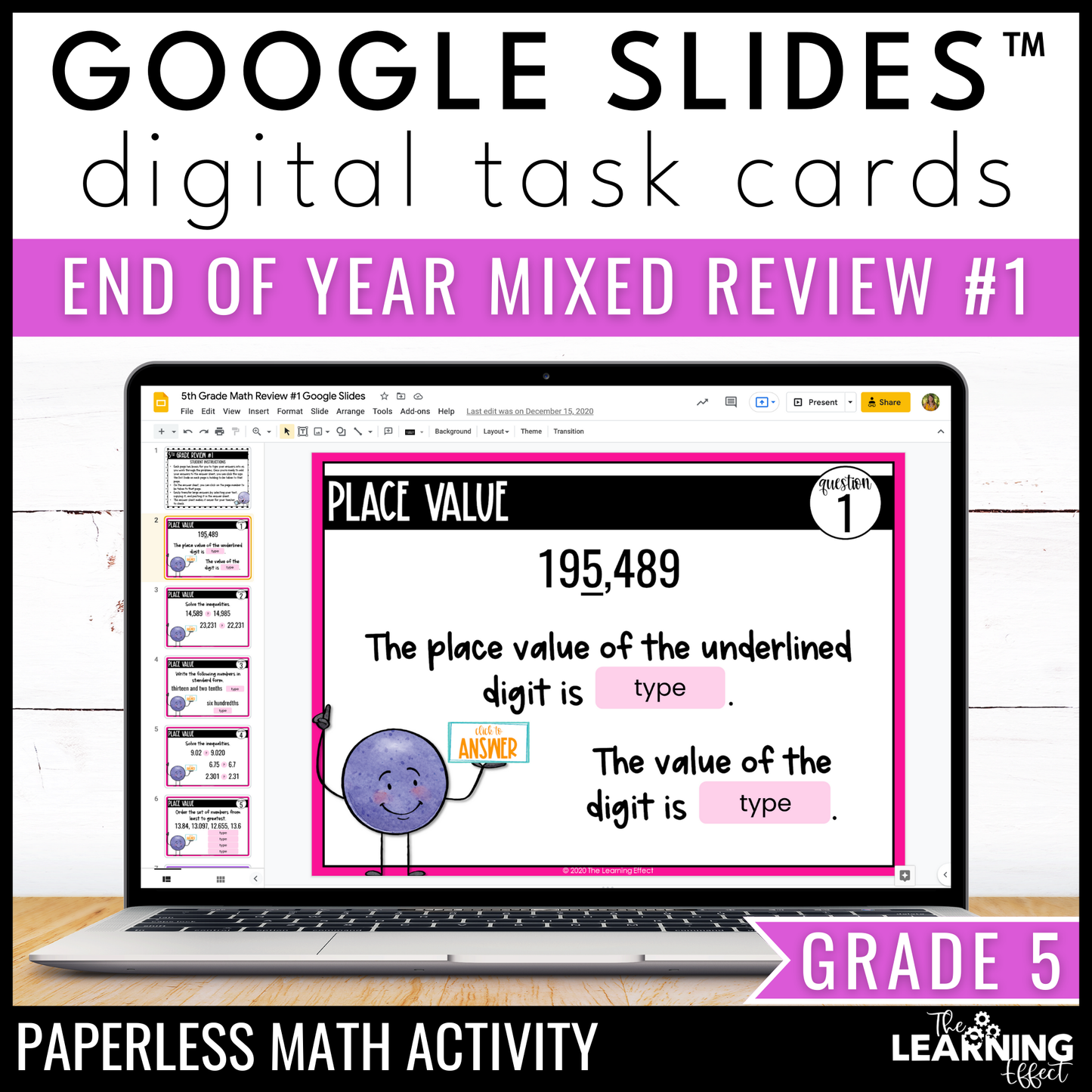 5th Grade Math Spiral Review #1 Google Slides | Digital Task Cards Test Prep Activity