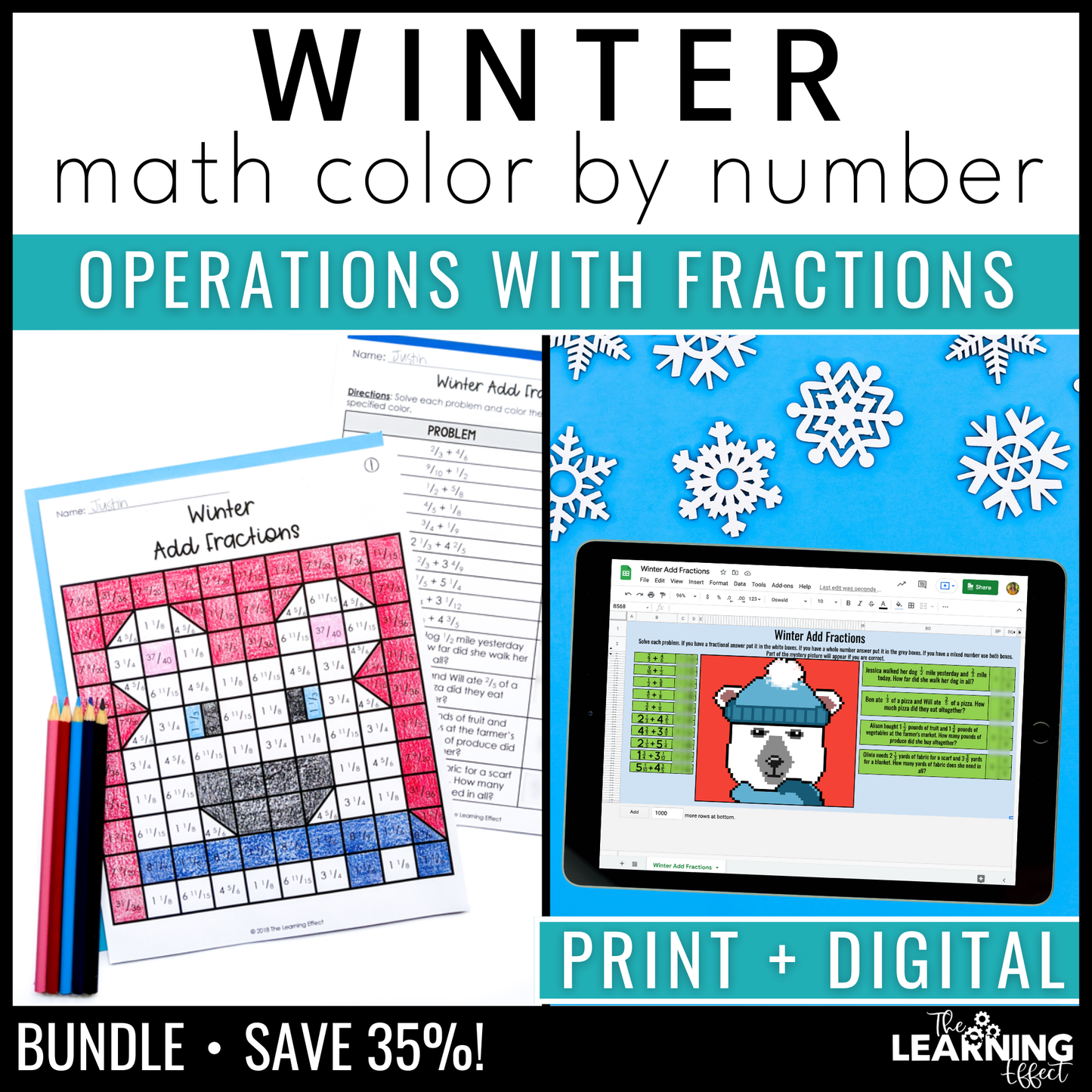 Winter Math Activities Color by Number and Pixel Art BUNDLE