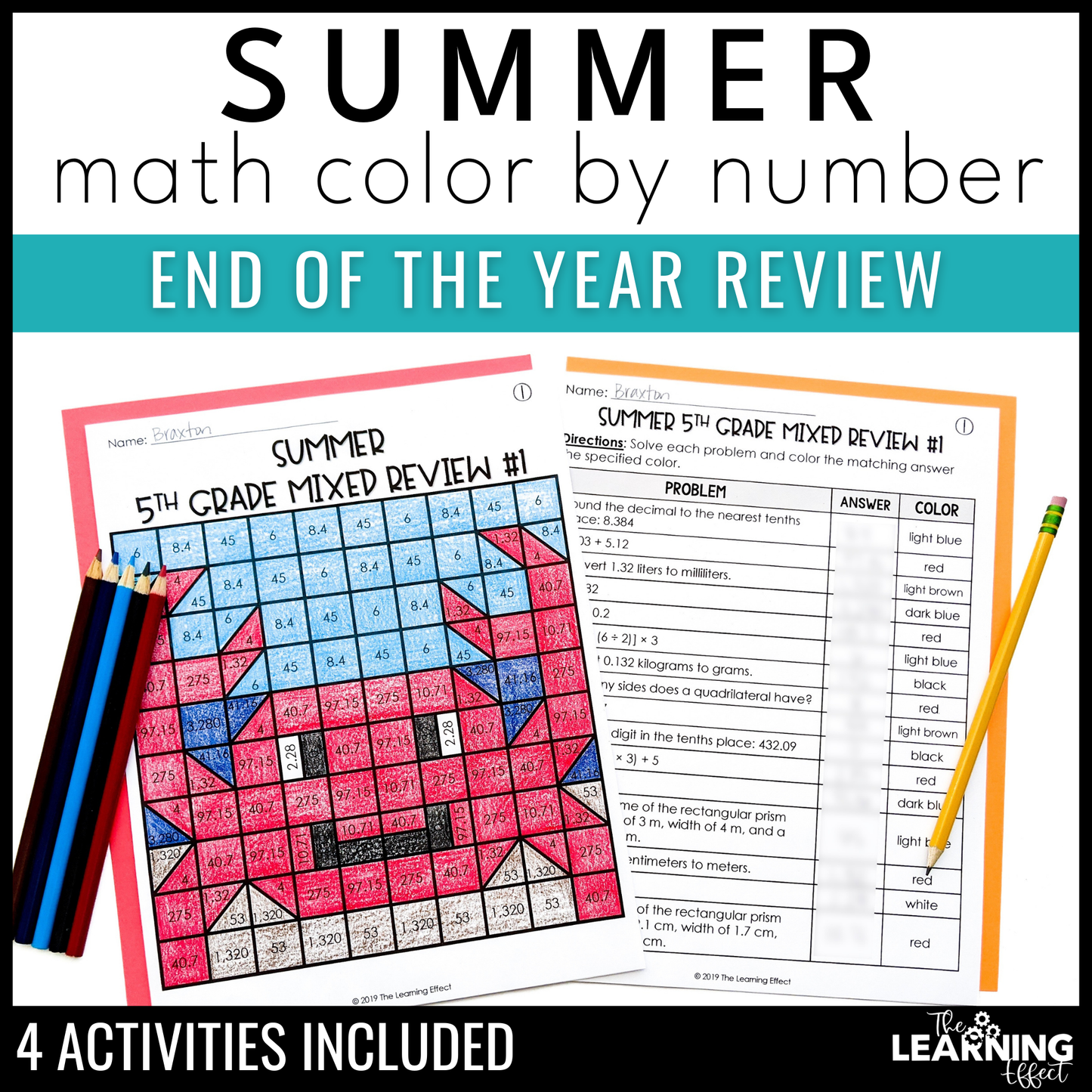 End of Year Math Activities Mystery Picture Worksheets | Review 5th and 6th Grade