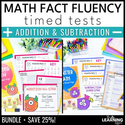 Math Fact Fluency Addition and Subtraction Timed Tests BUNDLE | Practice Worksheets