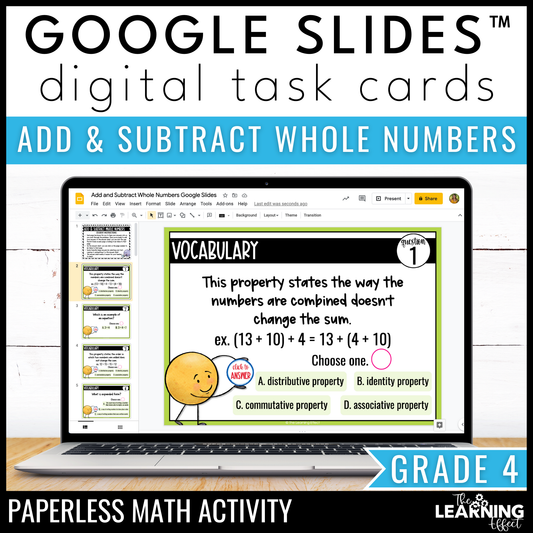 Adding and Subtracting Whole Numbers Google Slides | 4th Grade Digital Task Cards Activity