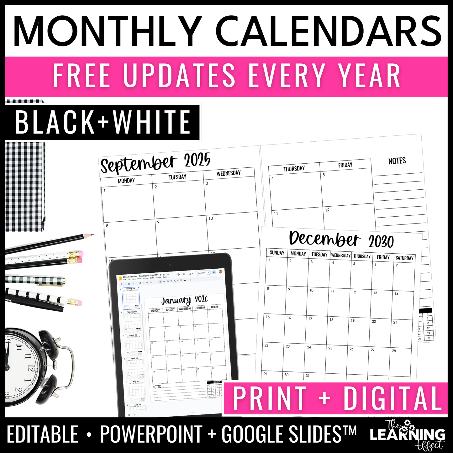 Editable Monthly Calendar Templates 2026 - 2030 | Print and Digital | Black and White