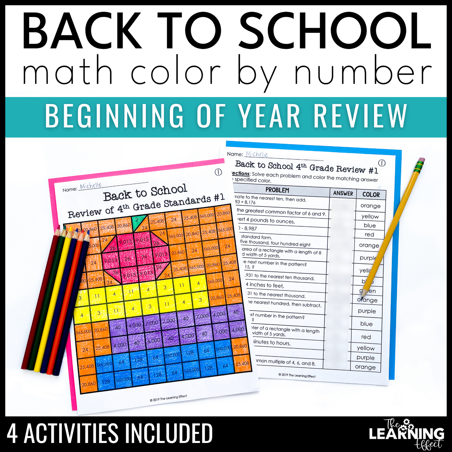 Back to School Math Review Activity Mystery Picture Worksheets | Color by Number