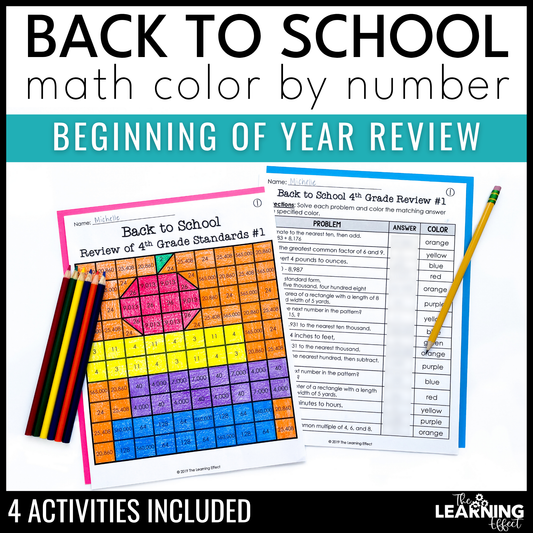 Back to School Math Review Activity Mystery Picture Worksheets | Color by Number