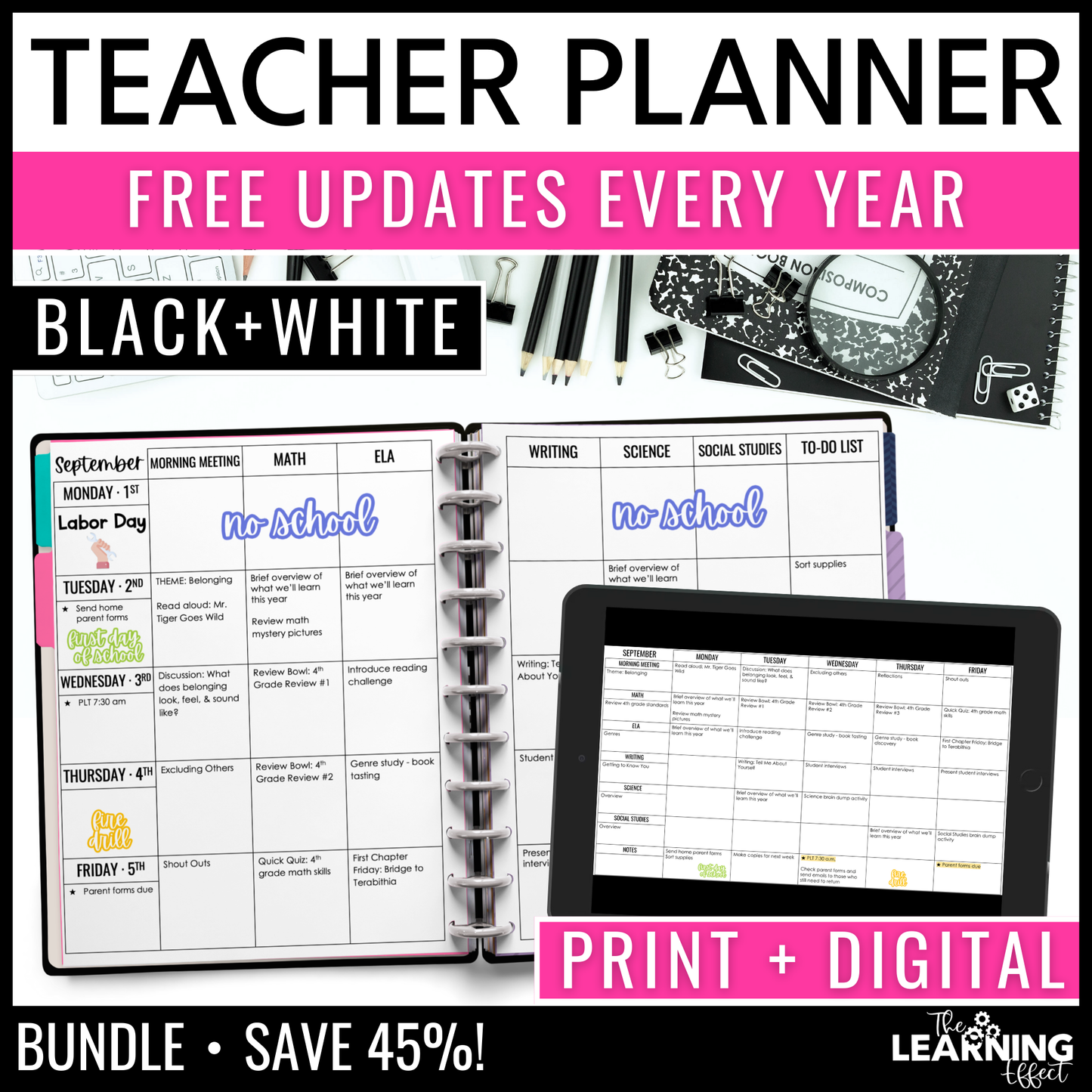 Editable Teacher Planner Binder Printable and Digital BUNDLE | Black and White