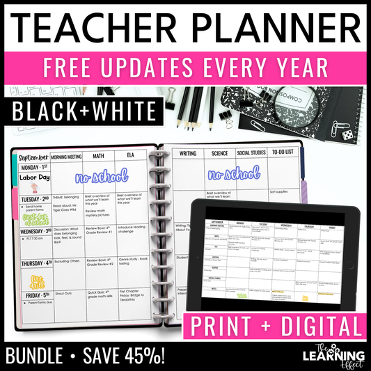 Editable Teacher Planner Binder Printable and Digital BUNDLE | Black and White