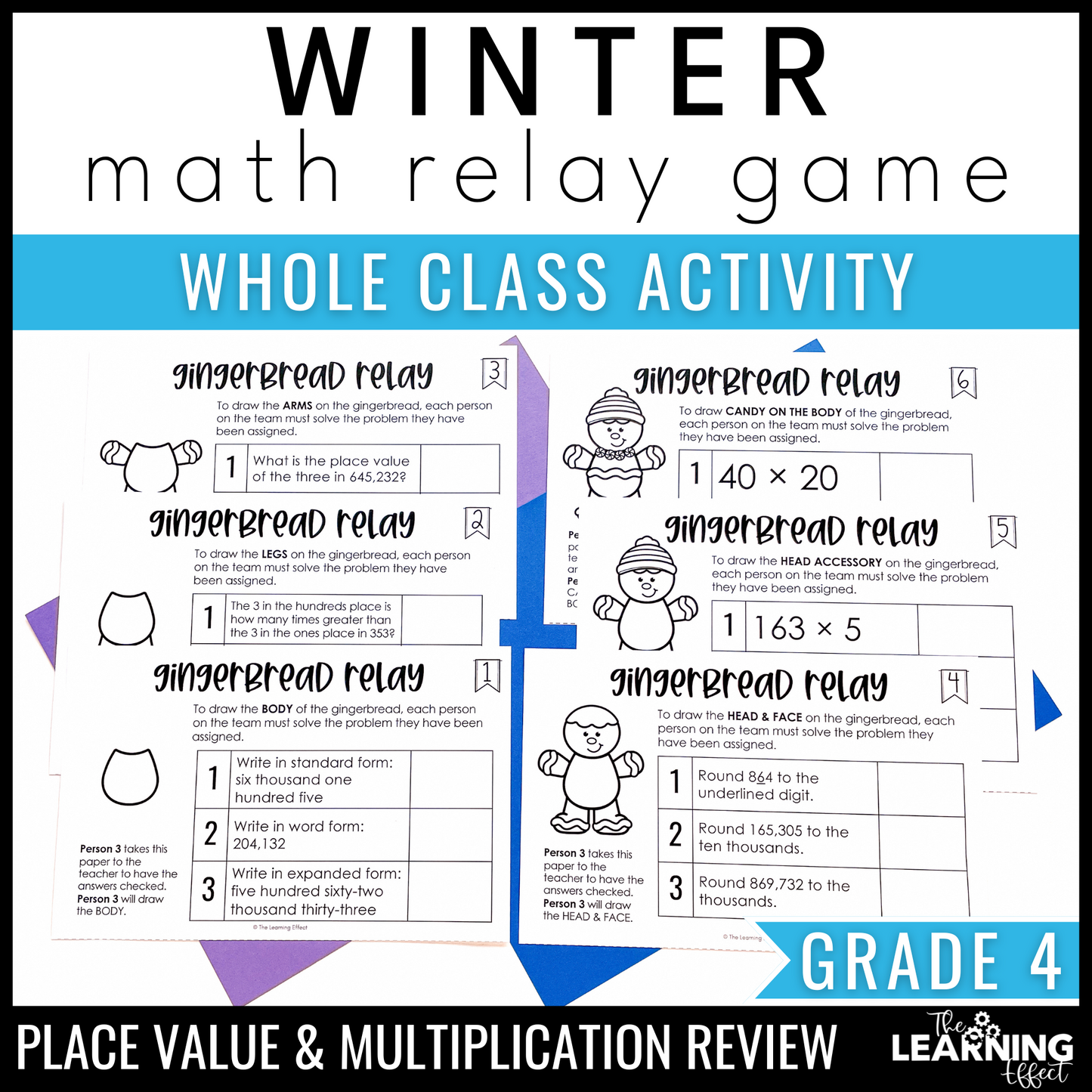 Winter Math Game for 4th Grade | Relay Review Activity | Multiplication, Place Value