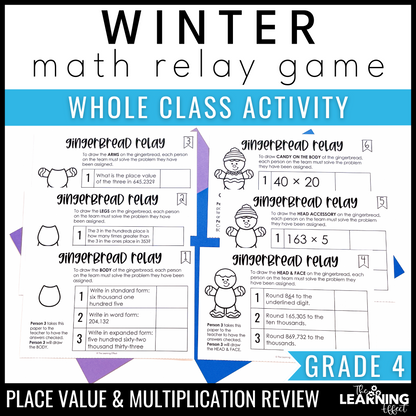 Winter Math Game for 4th Grade | Relay Review Activity | Multiplication, Place Value