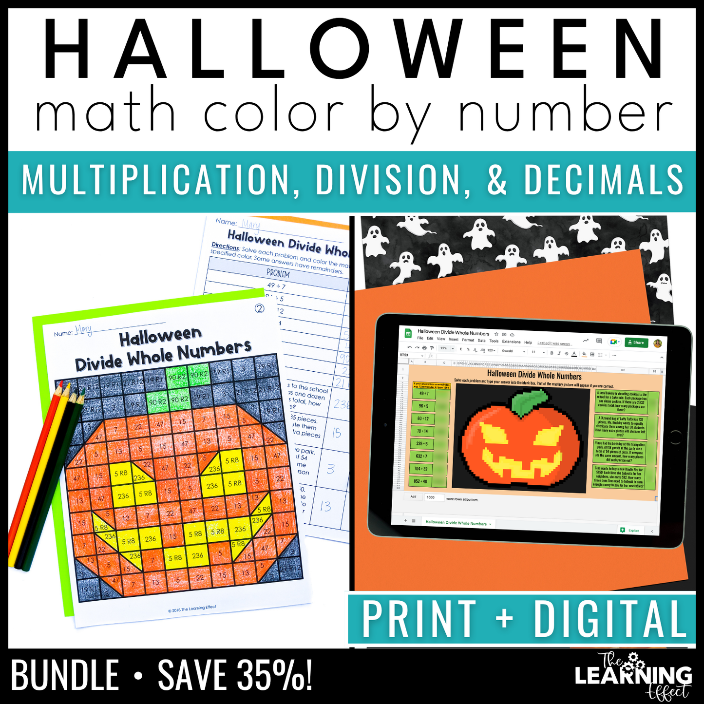 Halloween Math Activities Color by Number and Pixel Art BUNDLE