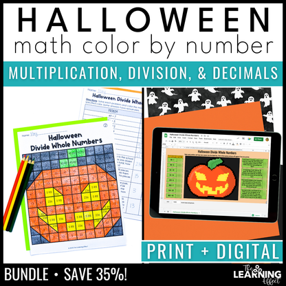 Halloween Math Activities Color by Number and Pixel Art BUNDLE