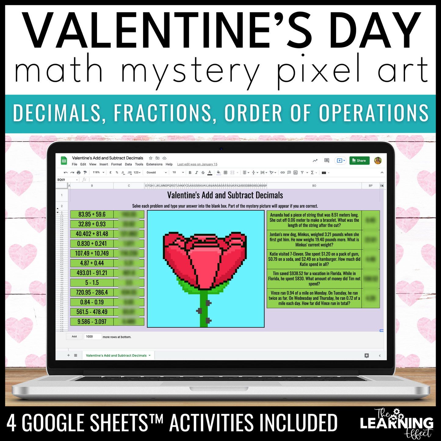 Valentine's Day Math Activities Digital Pixel Art | Fractions, Decimals