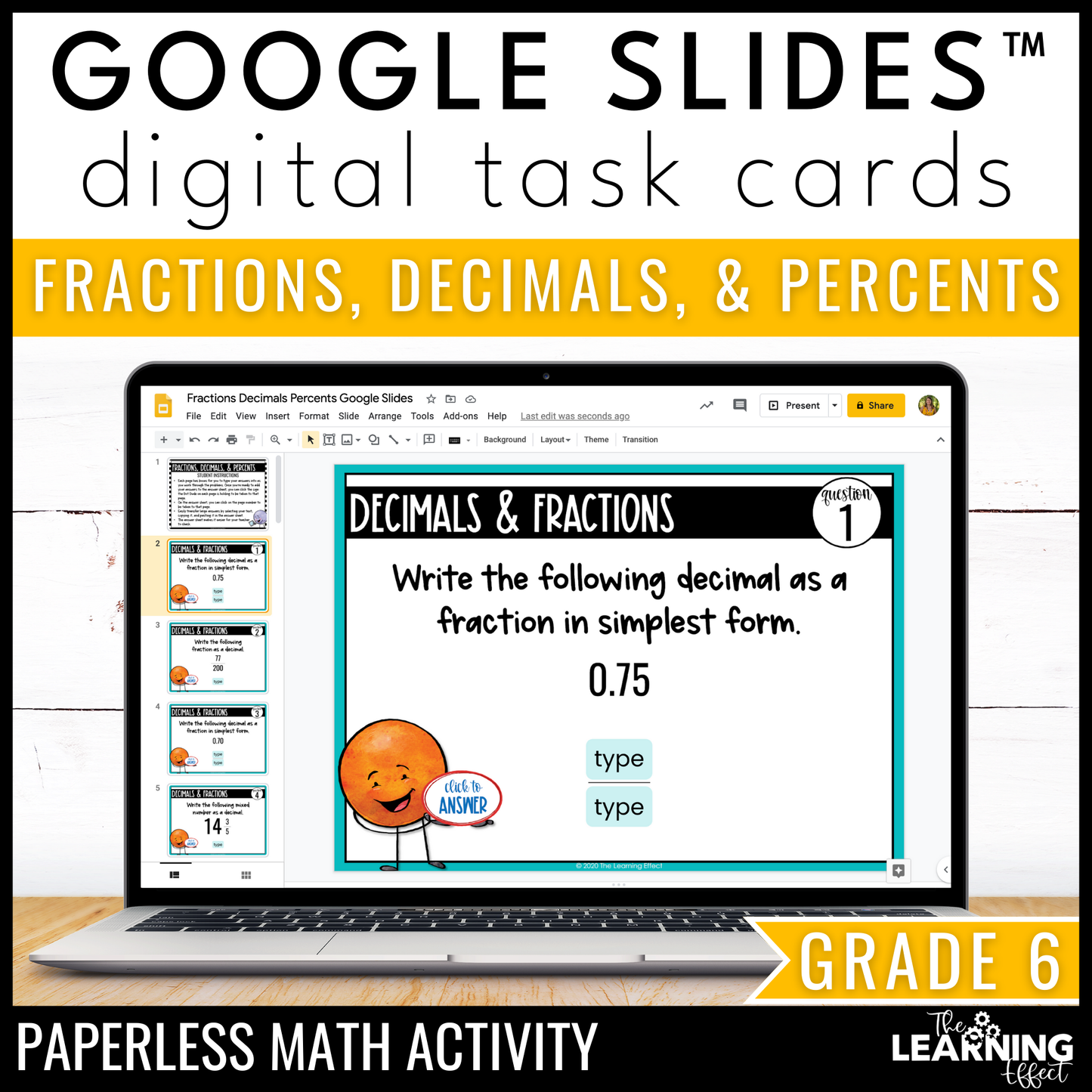 Fractions, Decimals, and Percents Google Slides | 6th Grade Digital Task Cards