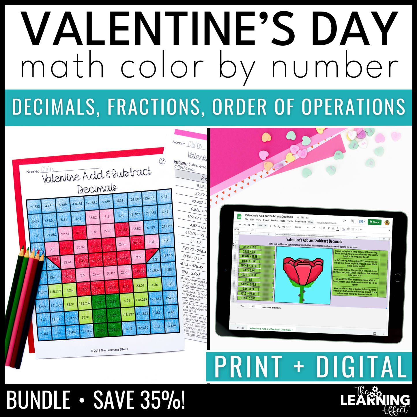 Valentine's Day Math Activities Color by Number and Pixel Art BUNDLE