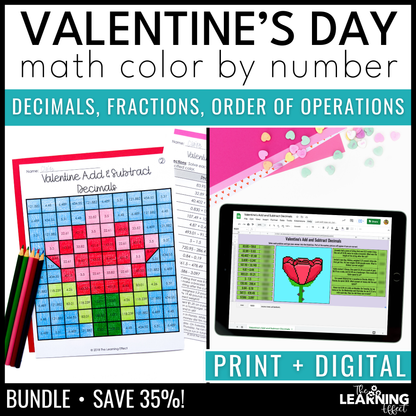Valentine's Day Math Activities Color by Number and Pixel Art BUNDLE