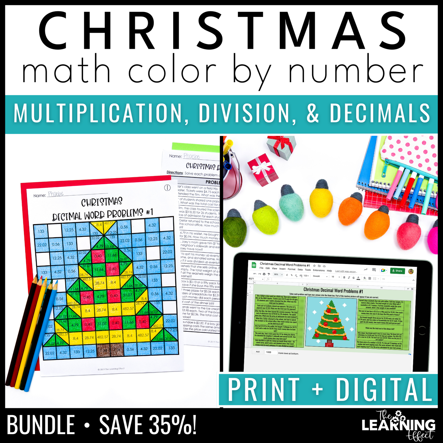 Christmas Math Activities Color by Number and Pixel Art BUNDLE