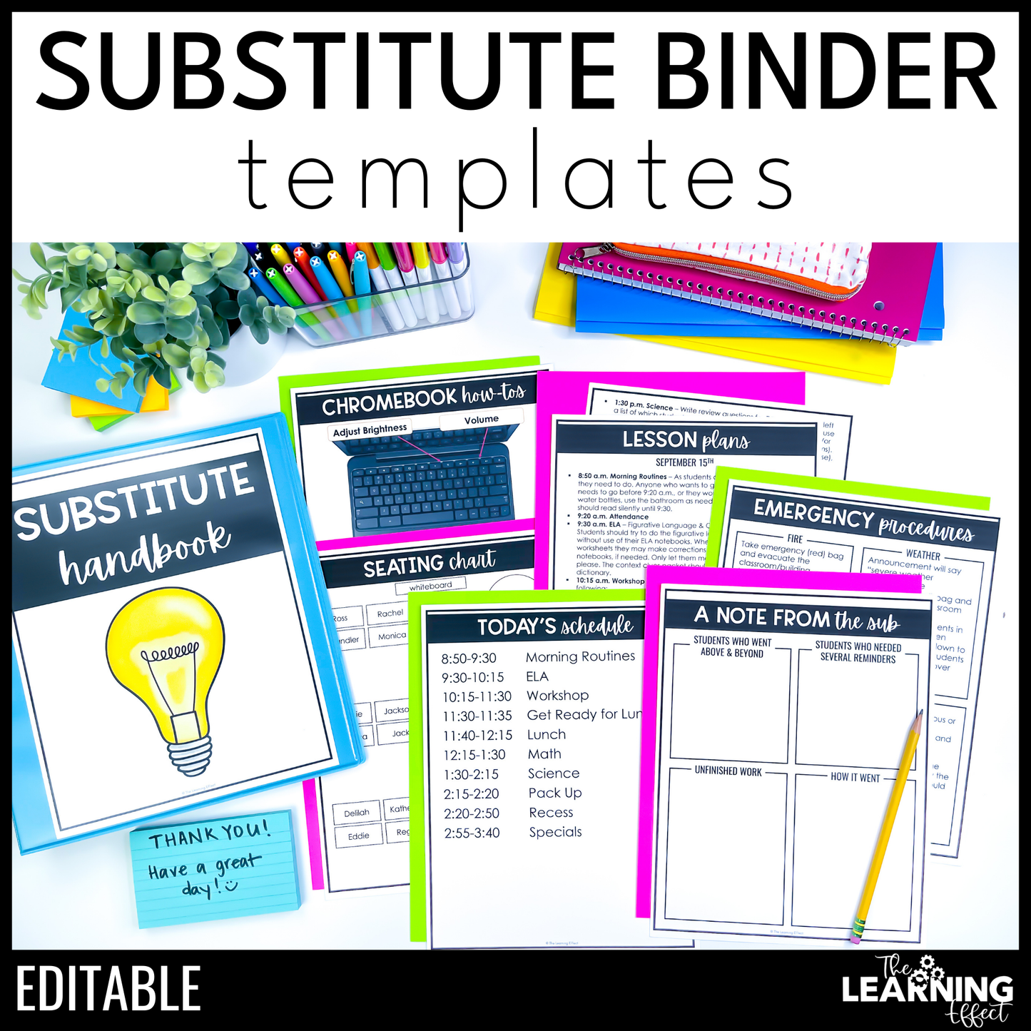 Substitute Teacher Binder Templates Editable | Print and Digital Sub Tub Pages