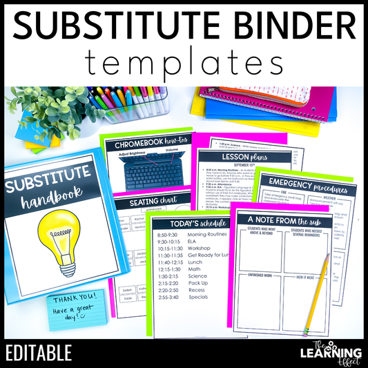 Substitute Teacher Binder Templates Editable | Print and Digital Sub Tub Pages