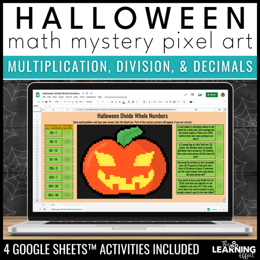 Halloween Math Activities Digital Pixel Art | Decimals, Multiplication, Division