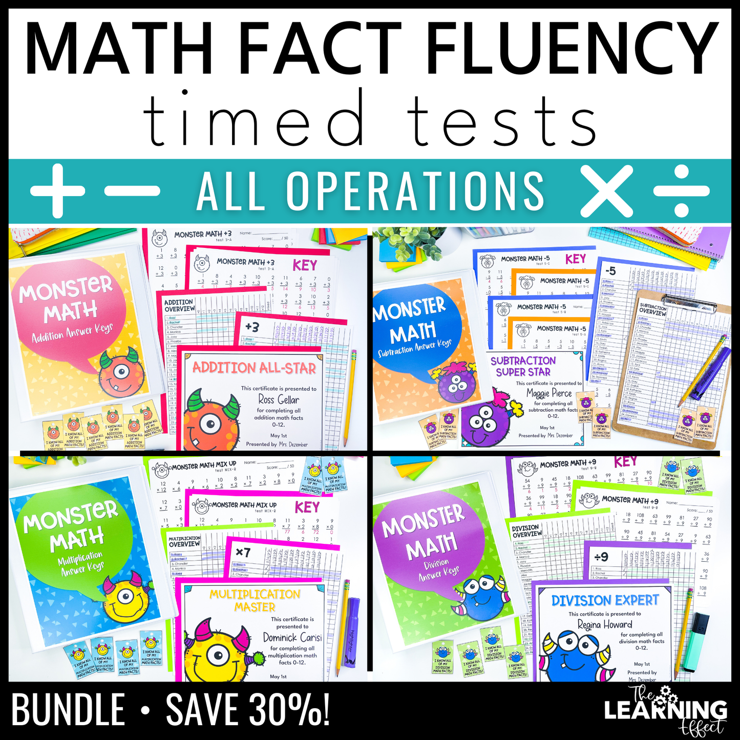 Math Fact Fluency Addition, Subtraction, Multiplication, and Division Timed Test BUNDLE