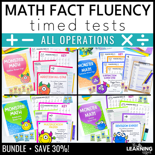 Math Fact Fluency Addition, Subtraction, Multiplication, and Division Timed Test BUNDLE