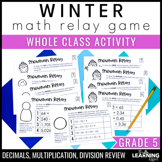 Winter Math Game for 5th Grade | Relay Review Activity | Decimals, Multiplication, Division