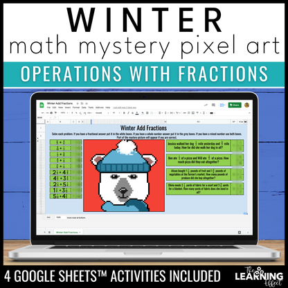 Winter Math Activities Digital Mystery Pixel Art | Operations with Fractions