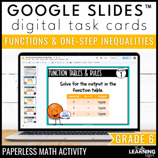 Functions and One Step Inequalities Google Slides | 6th Grade Digital Task Cards