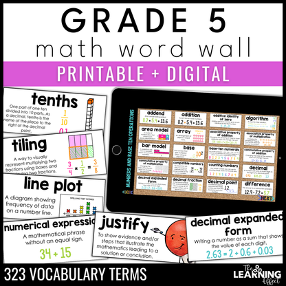 5th Grade Math Word Wall | Printable Vocabulary Cards and Digital Google Slides