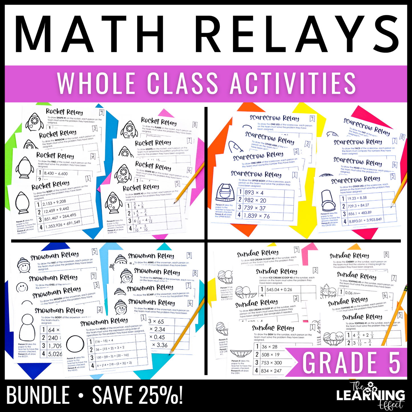 5th Grade Math Review Relay Games BUNDLE | Fun No Prep Whole Class Activities