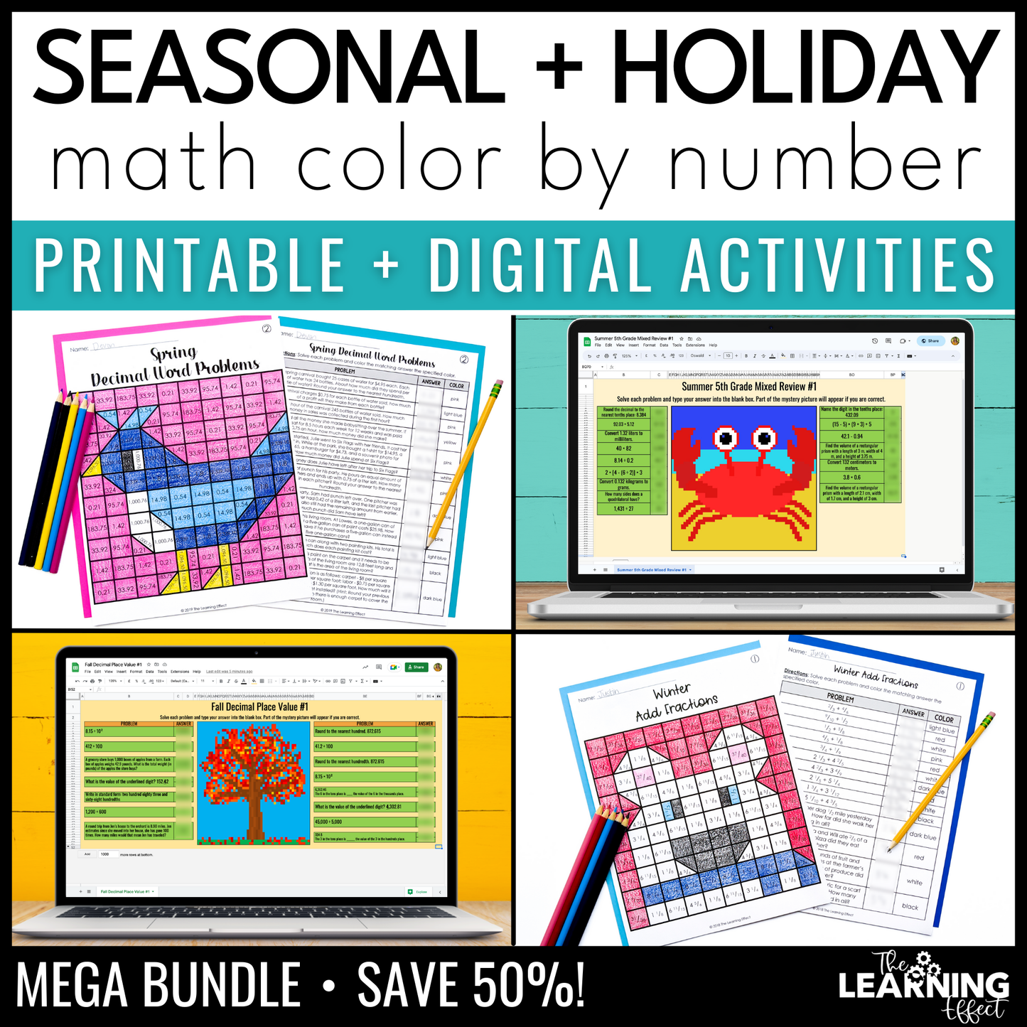 Holiday Math Color by Number and Pixel Art BUNDLE | Print and Digital Activities