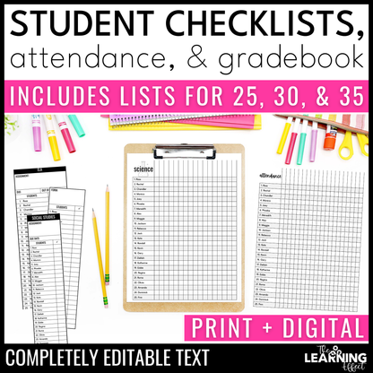 Editable Class Lists | Attendance Sheets | Gradebook | Checklist Templates