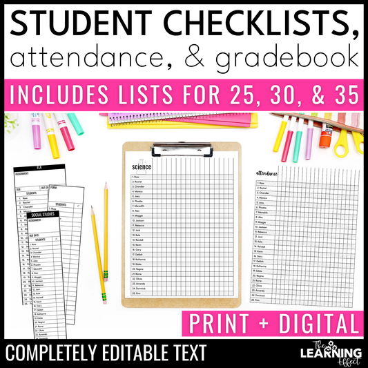 Editable Class Lists | Attendance Sheets | Gradebook | Checklist Templates