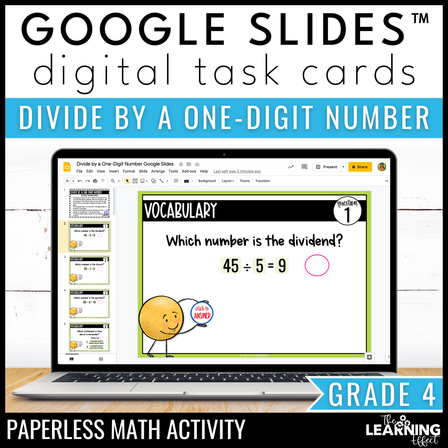 Divide by a One-Digit Number Google Slides | 4th Grade Math Digital Task Cards Division Activity