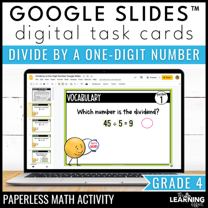 Divide by a One-Digit Number Google Slides | 4th Grade Math Digital Task Cards Division Activity