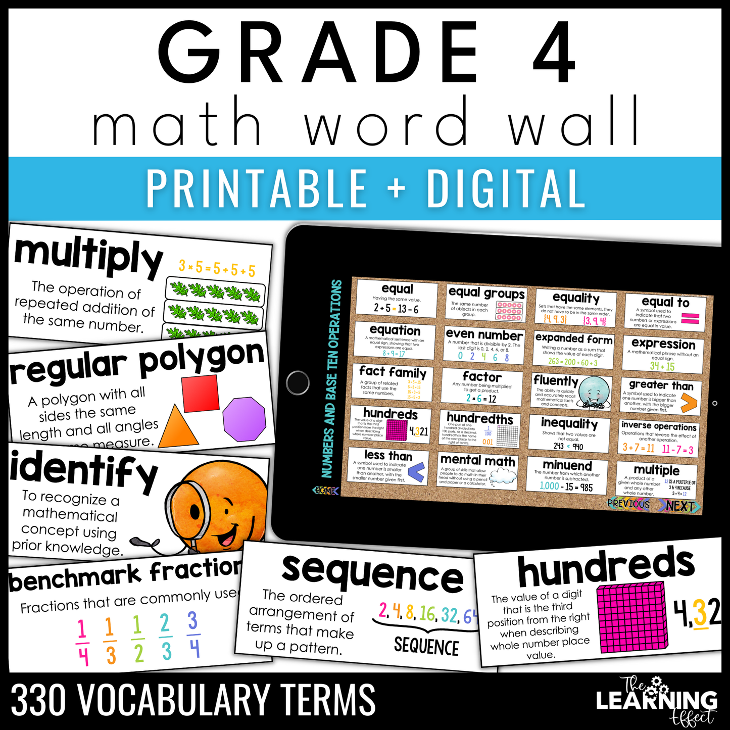 4th Grade Math Word Wall | Printable Vocabulary Cards and Digital Google Slides