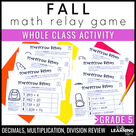 Fall Math Game for 5th Grade | Relay Review Activity | Decimals, Multiplication, Division