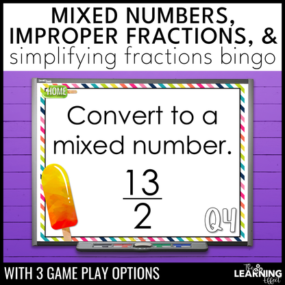 Mixed Numbers, Improper Fractions, and Simplifying Fractions Bingo Game | Math Review Activity