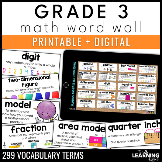 3rd Grade Math Word Wall | Printable Vocabulary Cards and Digital Google Slides