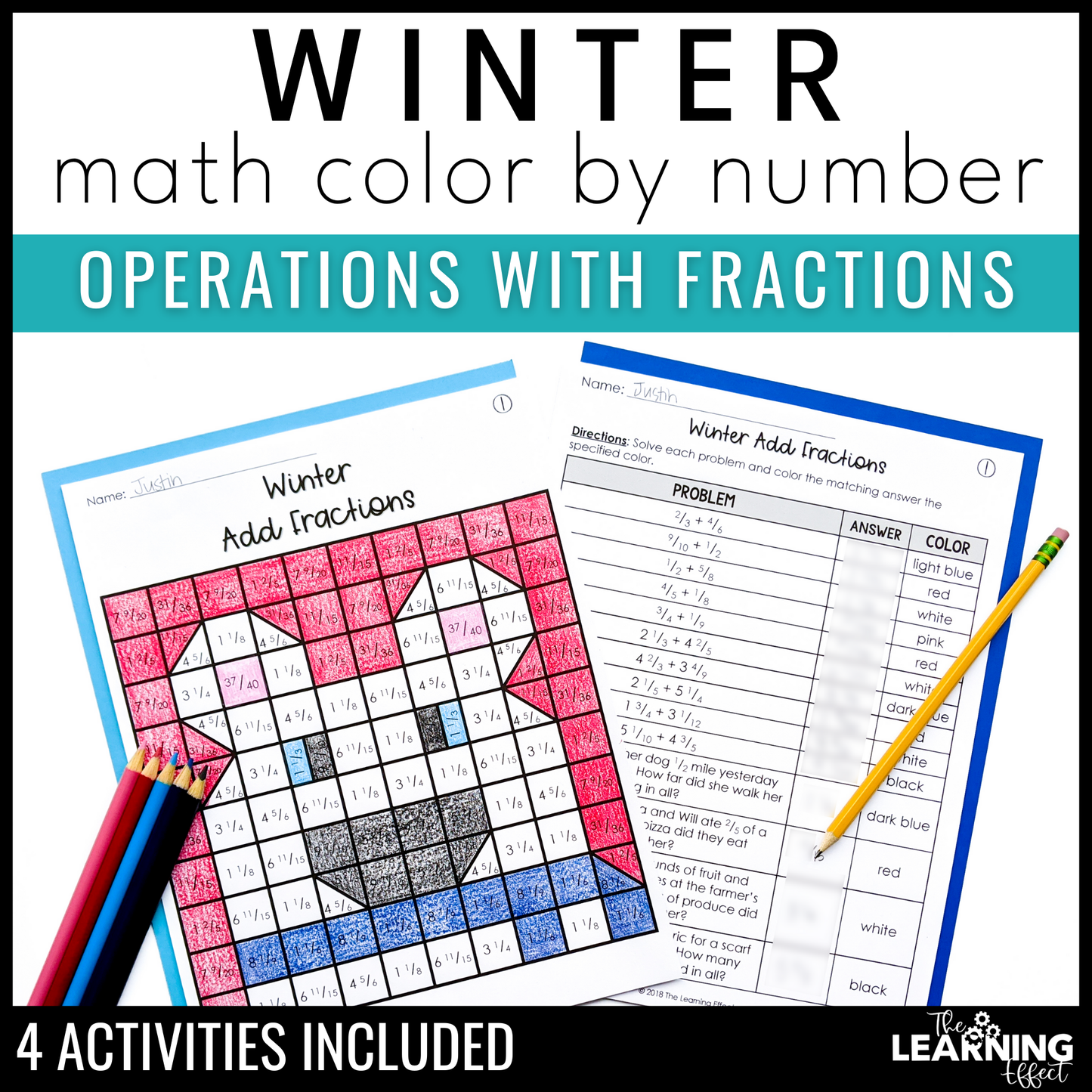 Winter Math Activities Mystery Picture Worksheets | Color by Number Fractions
