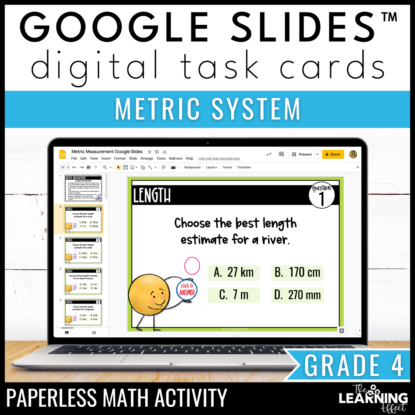 Metric System Measurement Google Slides | 4th Grade Digital Task Cards Activity